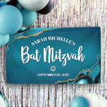 Bat Mitzvah Bold Agate Gold Turquoise Ombre Script Banner<br><div class="desc">Be proud, rejoice and showcase this milestone of your favorite Bat Mitzvah! Hang up this cool, unique, modern, personalized banner to add to her special day. White calligraphy script, bold white sans serif typography, and a faux gold Star of David overlay a deep turquoise teal blue ombre background with turquoise...</div>