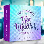 Bat Mitzvah Bold Boho Retro Blue Purple Gradient 3 Ring Binder<br><div class="desc">Let your favorite Bat Mitzvah be proud, rejoice and celebrate her milestone with this stunning keepsake scrapbook memory album. Fun, trendy, bold purple and navy blue typography with modern sans serif typography overlay a background of pop light turquoise and purple ombre gradient rays with white dots. A purple spine features...</div>