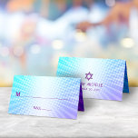 Bat Mitzvah Bold Boho Retro Blue Purple Gradient Place Card<br><div class="desc">No Bat Mitzvah party is complete without personalized place cards. Let your favorite Bat Mitzvah be proud, rejoice and celebrate her milestone at her perfectly coordinated party. Fun, bold purple typography and Star of David overlay a background of pop light turquoise and purple ombre gradient rays with white dots. A...</div>