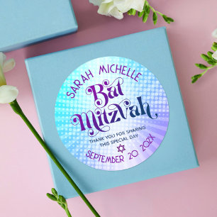 Bat Mitzvah Bold Retro Boho Blue Purple Gradient Classic Round Sticker