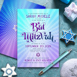 Bat Mitzvah Bold Retro Boho Blue Purple Gradient Invitation<br><div class="desc">Be proud, rejoice and showcase this milestone of your favorite Bat Mitzvah with this fun boho retro, personalized invitation! Fun, trendy, bold purple and navy blue typography with modern sans serif typography overlay a background of pop light turquoise and purple ombre gradient rays with white dots. On the back, a...</div>