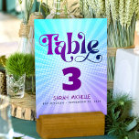 Bat Mitzvah Bold Retro Boho Blue Purple Gradient Table Number<br><div class="desc">No Bat Mitzvah party is complete without personalized table number cards. Let your daughter be proud, rejoice and celebrate her milestone at her perfectly coordinated party. Fun, trendy, bold purple and navy blue typography with modern sans serif typography overlay a background of pop light turquoise and purple ombre gradient rays...</div>