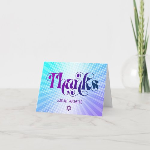 Bat Mitzvah Bold Retro Boho Blue Purple Gradient Thank You Card