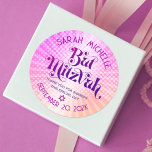 Bat Mitzvah Bold Retro Boho Pink Orange Gradient Classic Round Sticker<br><div class="desc">Be proud, rejoice and showcase this milestone of your favorite Bat Mitzvah! Use this boho retro, personalized sticker to add to her special day. Fun, trendy, bold dark hot pink and purple typography with modern sans serif typography overlay a background of pop light orange and pink ombre gradient rays with...</div>