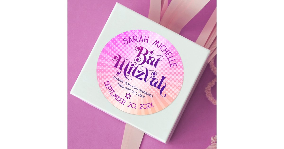 Bat Mitzvah Bold Retro Boho Pink Orange Gradient Classic Round Sticker ...