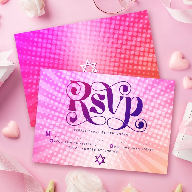 Bat Mitzvah Bold Retro Boho Pink Orange Gradient RSVP Card (Creator Uploaded)