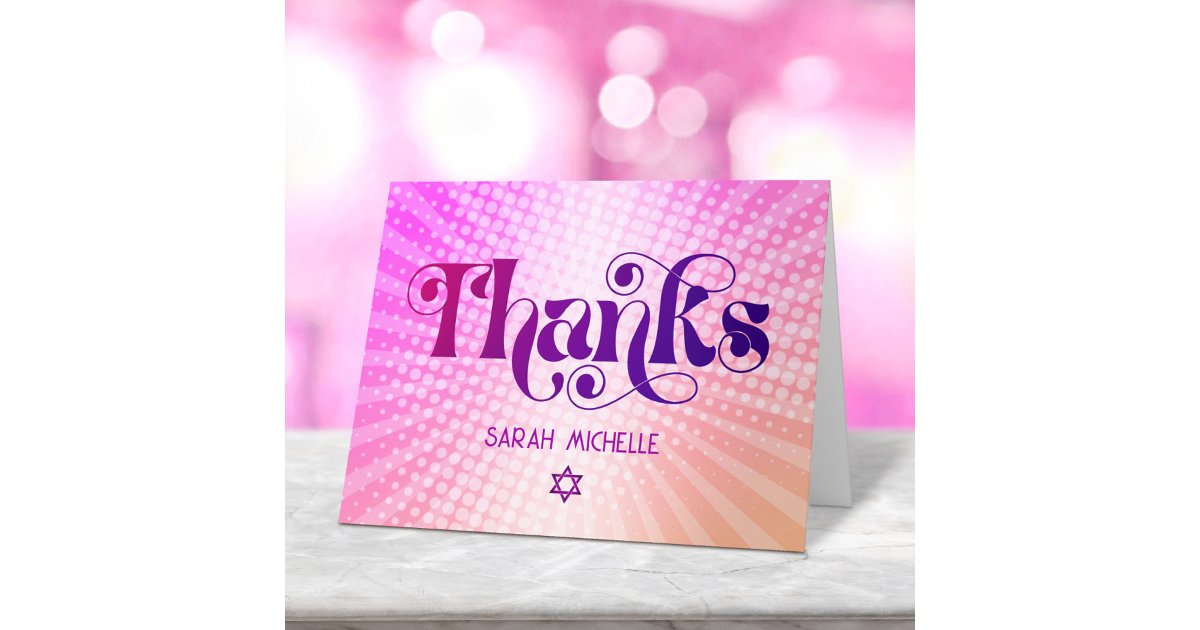 Bat Mitzvah Bold Retro Boho Pink Orange Gradient Thank You Card | Zazzle