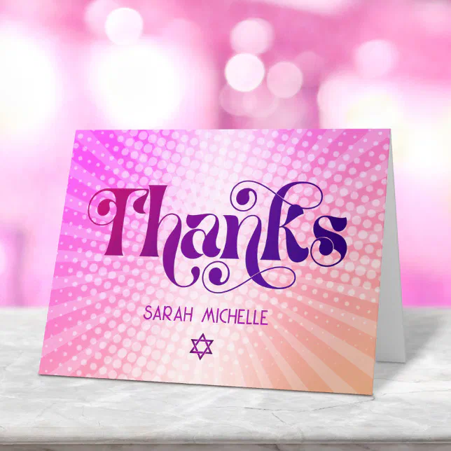 Bat Mitzvah Bold Retro Boho Pink Orange Gradient Thank You Card | Zazzle