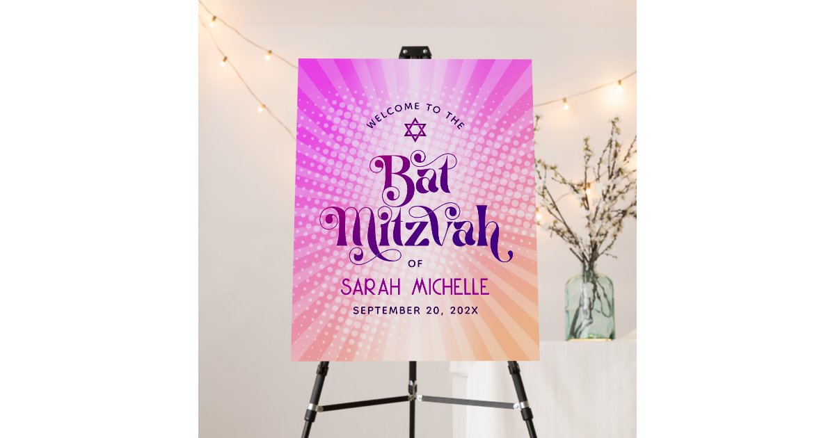 Bat Mitzvah Bold Retro Pink Orange Ombre Welcome Foam Board | Zazzle