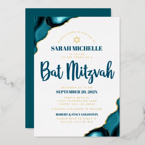 Bat Mitzvah Bold Turquoise Agate Script Real Gold Foil Invitation