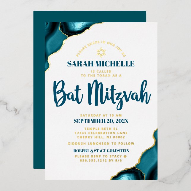 Bat Mitzvah Bold Turquoise Agate Script Real Gold Foil Invitation (Front/Back)