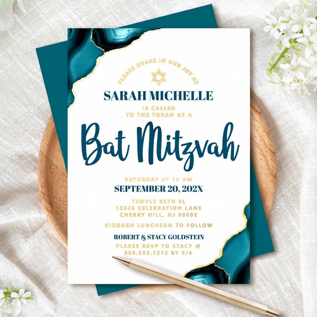 Bat Mitzvah Bold Turquoise Agate Script Real Gold Foil Invitation (Creator Uploaded)