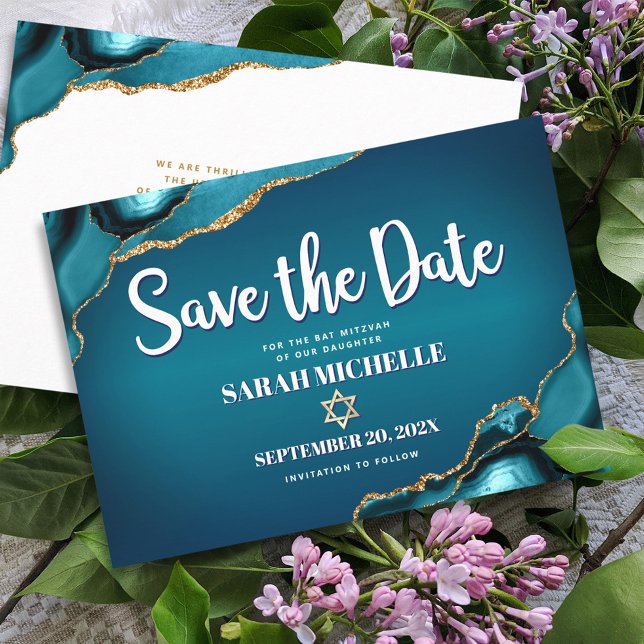 Bat Mitzvah Bold Turquoise Gold Agate Ombre Script Save The Date (Creator Uploaded)