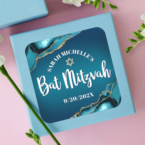 Bat Mitzvah Bold Turquoise Gold Agate Ombre Script Square Sticker