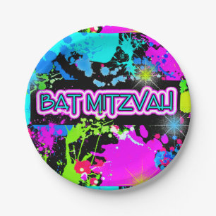 Bat Mitzvah, Bright, Faux Neon Paint Paper Plates