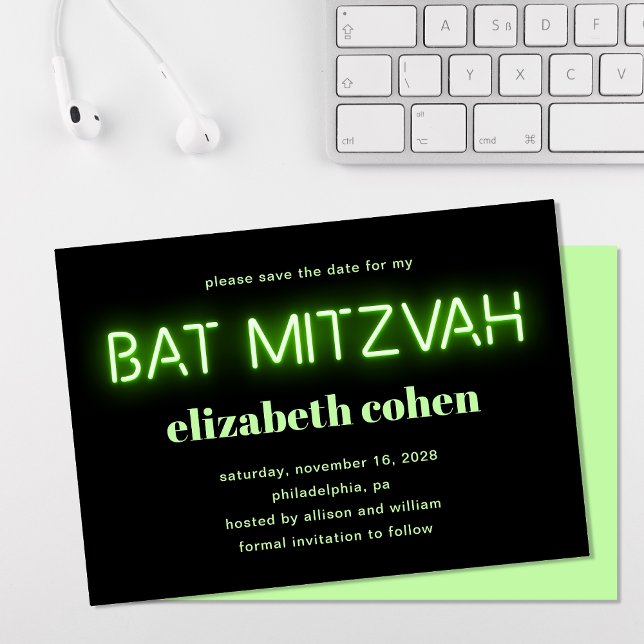 Bat Mitzvah Bright Green Neon Lights Save The Date Invitation (Creator Uploaded)