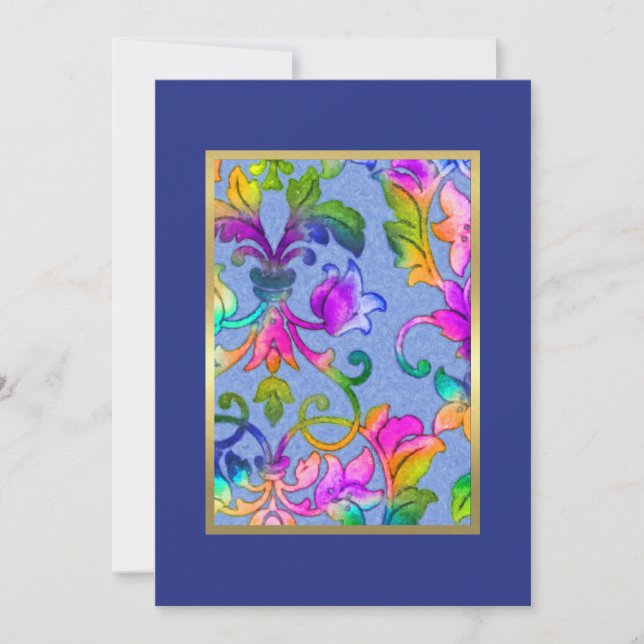 Bat Mitzvah Brightly Colored Painted Damask Invitation (Front)