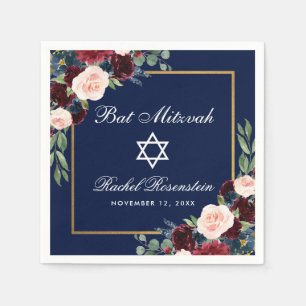 Bat Mitzvah Burgundy Blue Floral Gold Napkins