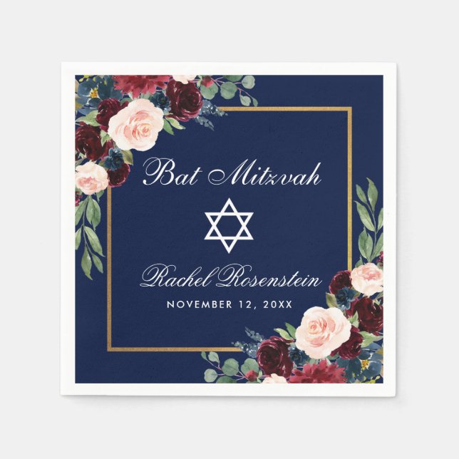 Bat Mitzvah Burgundy Blue Floral Gold Napkins (Front)