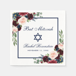 Bat Mitzvah Burgundy Blue Floral Napkins