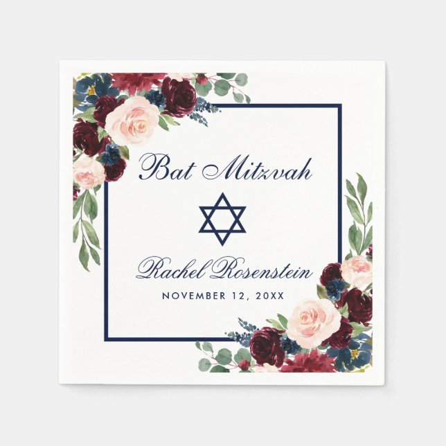Bat Mitzvah Burgundy Blue Floral Napkins (Front)