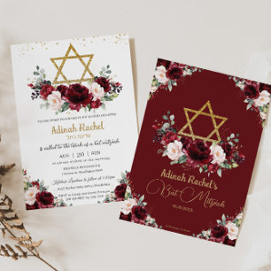 Bat Mitzvah Burgundy Blush Floral Gold Star Invitation