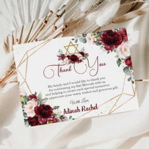 Bat Mitzvah Burgundy Blush Floral Gold Star Thank You Card
