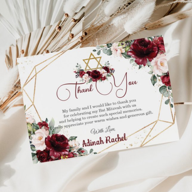 Bat Mitzvah Burgundy Blush Floral Gold Star Thank You Card (Creator Uploaded)