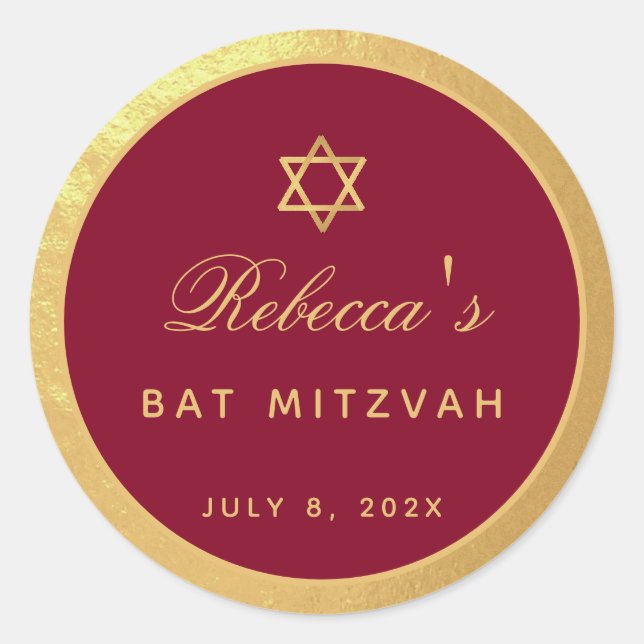 Bat Mitzvah Burgundy Faux Gold Elegant Calligraphy Classic Round Sticker (Front)