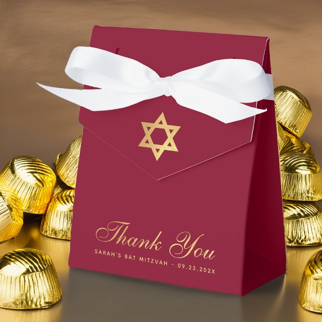 Bat Mitzvah Burgundy Faux Gold Foil Star Thank You Favor Boxes (Creator Uploaded)