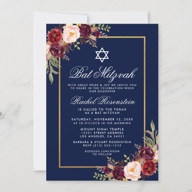 Bat Mitzvah Burgundy Floral Blue Gold Invitation (Front)