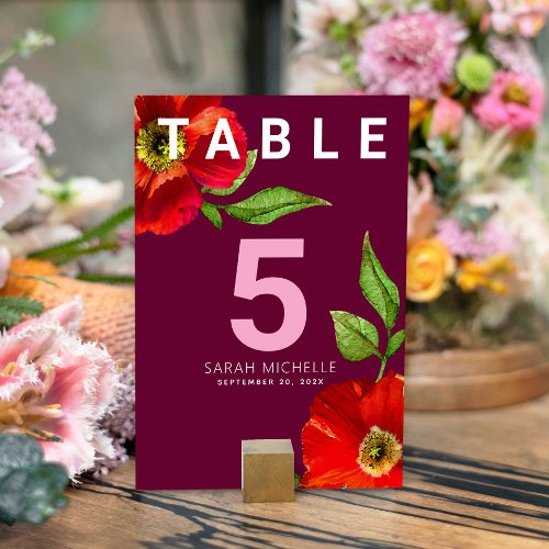 Bat Mitzvah Burgundy Floral Watercolor Bold Modern Table Number