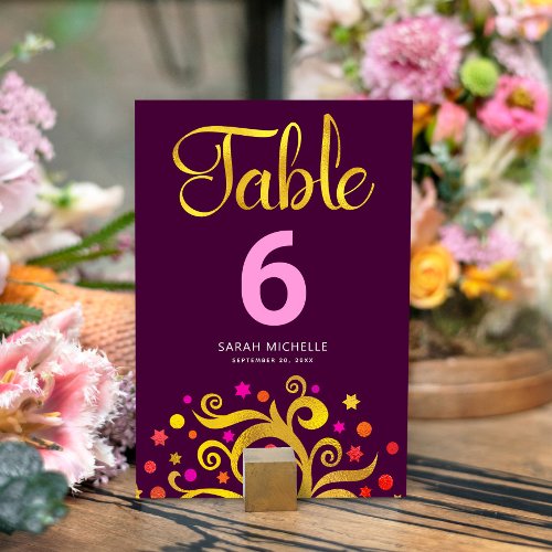 Bat Mitzvah Burgundy Modern Gold Foil Tree of Life Table Number