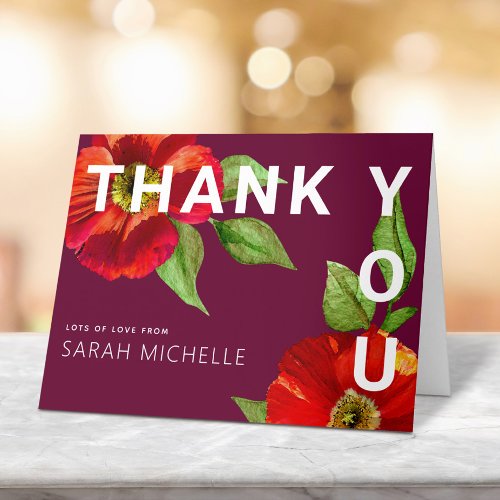 Bat Mitzvah Burgundy Modern Red Floral Watercolor Thank You Card