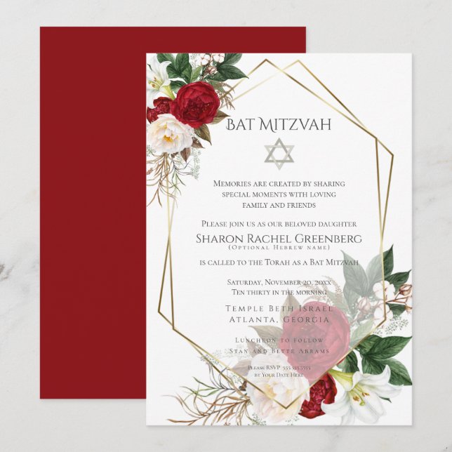 BAT MITZVAH  | Burgundy Peony Verse 3 Invitation (Front/Back)