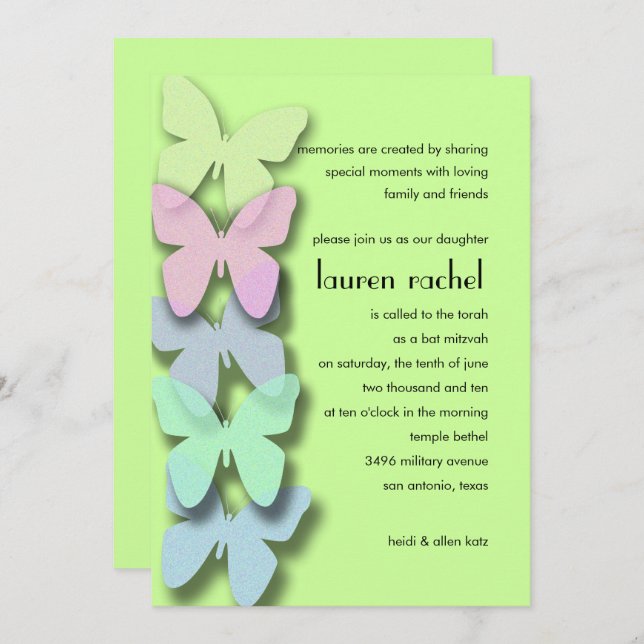Bat Mitzvah Butterfly Border Multicolored Invitation (Front/Back)
