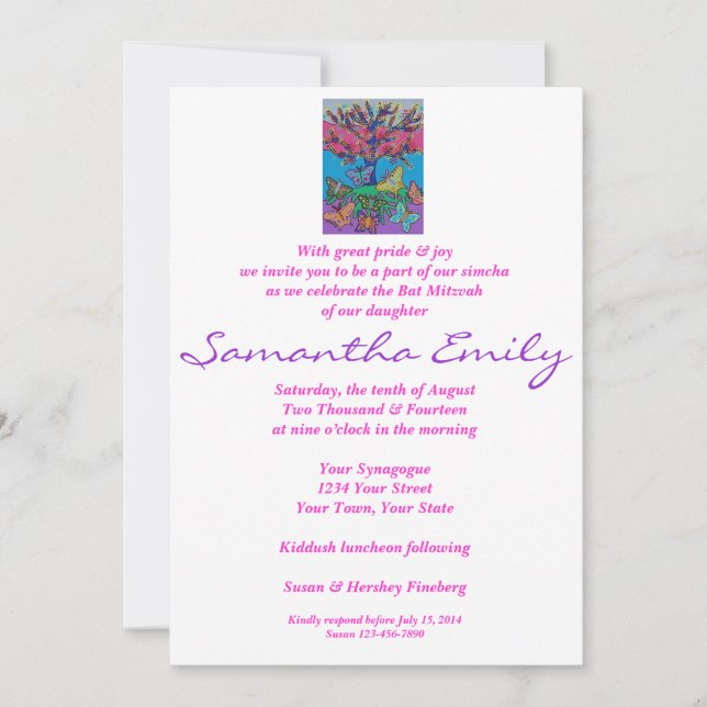 Bat Mitzvah - Butterfly Gathering Tree Of Life Invitation (Front)