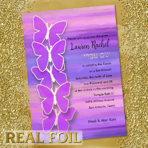 Bat Mitzvah Butterfly Pink Purple Watercolor Foil Invitation