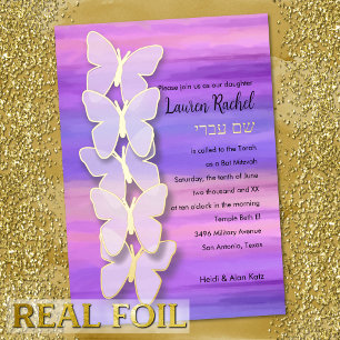 Bat Mitzvah Butterfly Pink Purple Watercolor Foil Invitation
