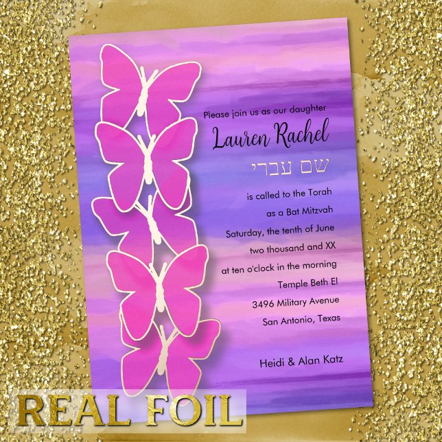 Bat Mitzvah Butterfly Pink Purple Watercolor Foil Invitation (Creator Uploaded)