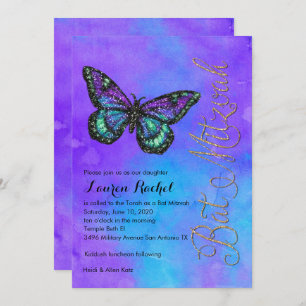 Bat Mitzvah Butterfly Purple and Turquoise Painted Invitation
