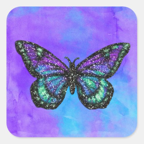 Bat Mitzvah Butterfly Purple and Turquoise Painted Square Sticker