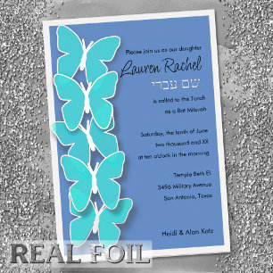 Bat Mitzvah Butterfly Turquoise and Any Color Foil Invitation