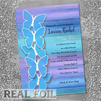 Bat Mitzvah Butterfly Turquoise Purple Watercolor Foil Invitation by TailoredType at Zazzle