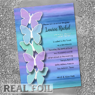 Bat Mitzvah Butterfly Turquoise Purple Watercolor Foil Invitation