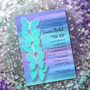 Bat Mitzvah Butterfly Turquoise Purple Watercolor Invitation