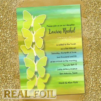 Bat Mitzvah Butterfly Watercolor Blue Green Yellow Foil Invitation by TailoredType at Zazzle