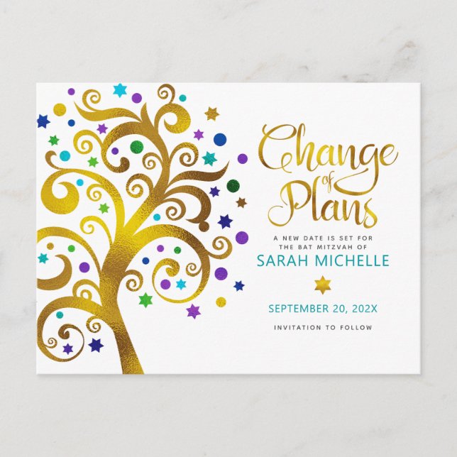 Bat Mitzvah Change of Plans Gold Teal Tree of Life Invitation Postcard (Front)