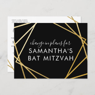 Bat Mitzvah Change of Plans Modern Gold Black Announcement Postcard