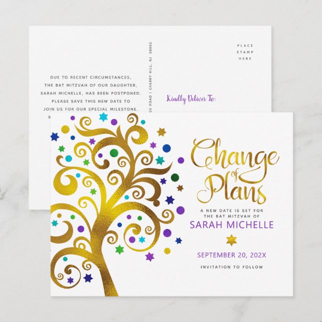 Bat Mitzvah Change Plans Gold Tree of Life Purple Invitation Postcard (Front/Back)
